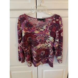 Club Z Collection Women 1X Floral Sequin Beaded Cotton Top Purple Pink Lg Sleeve